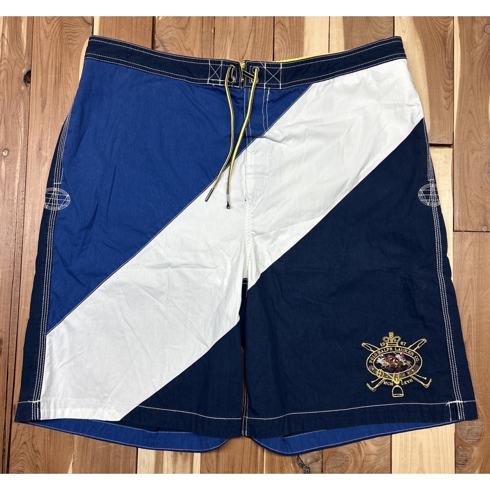 Polo Ralph Lauren Swim Trunks Blue White Embroidered Emblem Size XXL 41" Waist